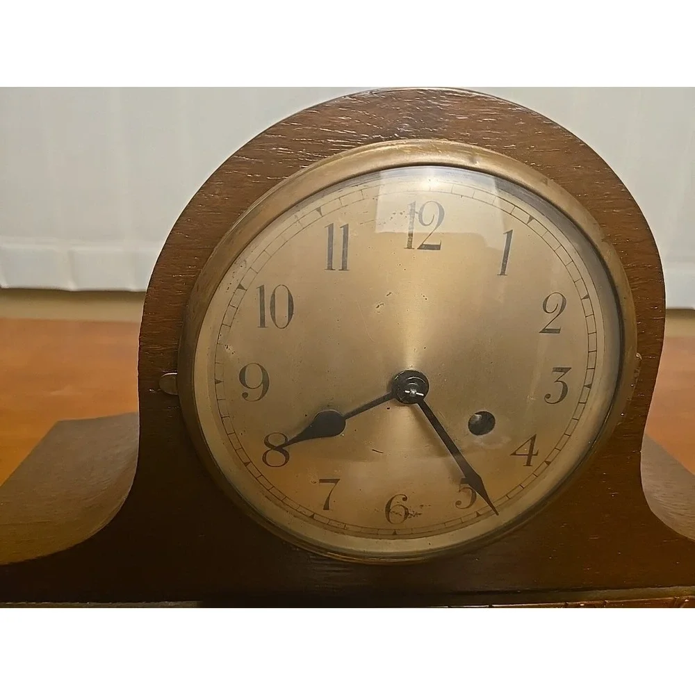 ANTIQUE NAPOLEON HAT CHIMING MANTEL CLOCK  OAK CASE